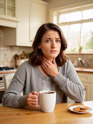Человек пьет горячий чай, держась за больное горло
